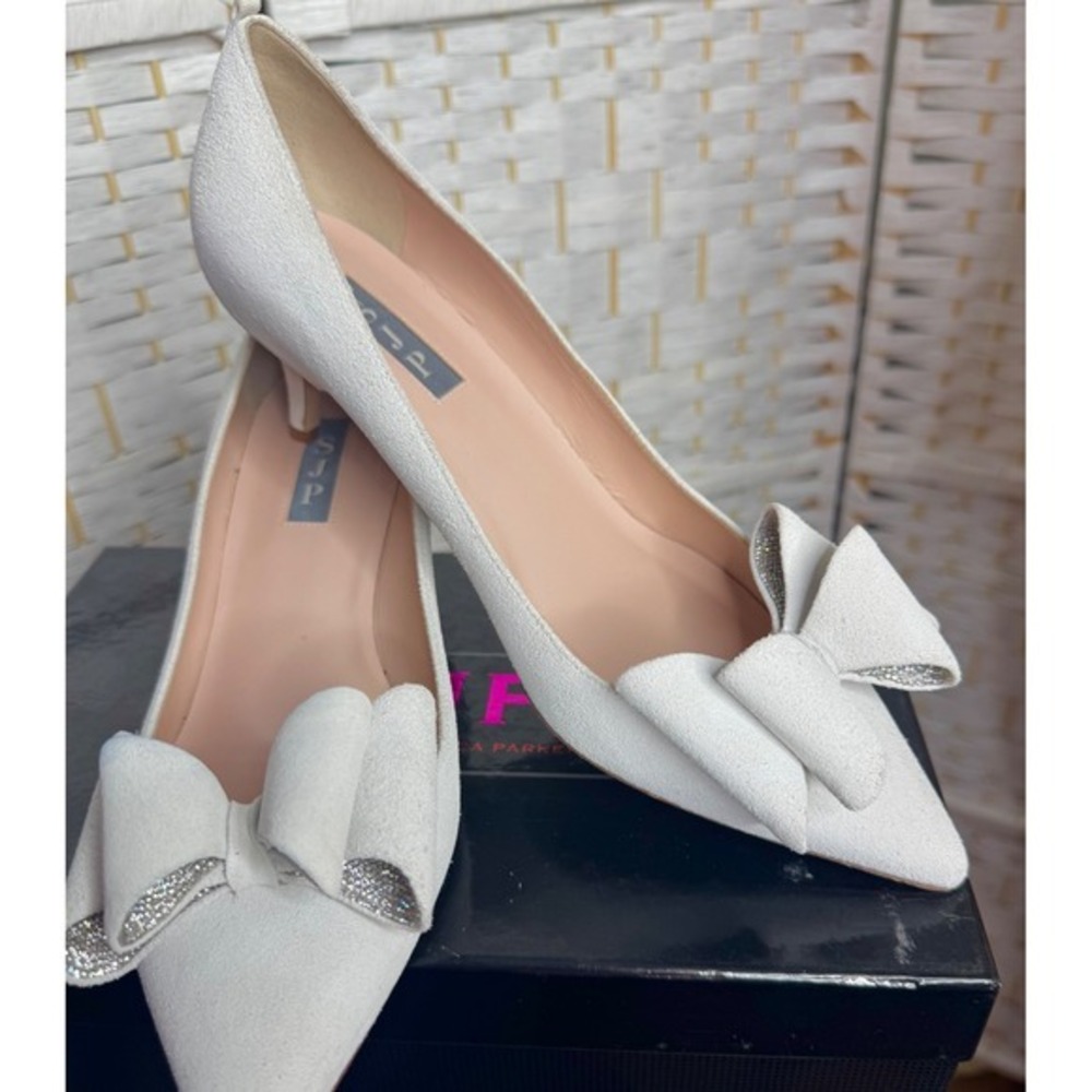 SJP White Bow Pointed Toe 2" Heels Elegant Bridal Designer Pumps Work Date Party - Picture 4 of 8